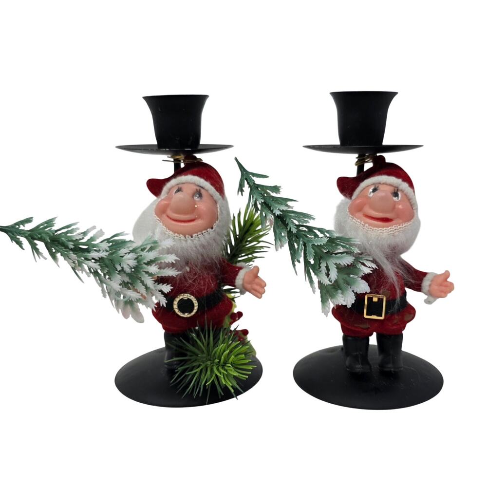 Vintage Flocked Santa Candle Holders Pair Christmas Taper Candlesticks